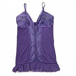 Purple lace trim babydoll lingerie slip with ruffle trim and adjustable straps
